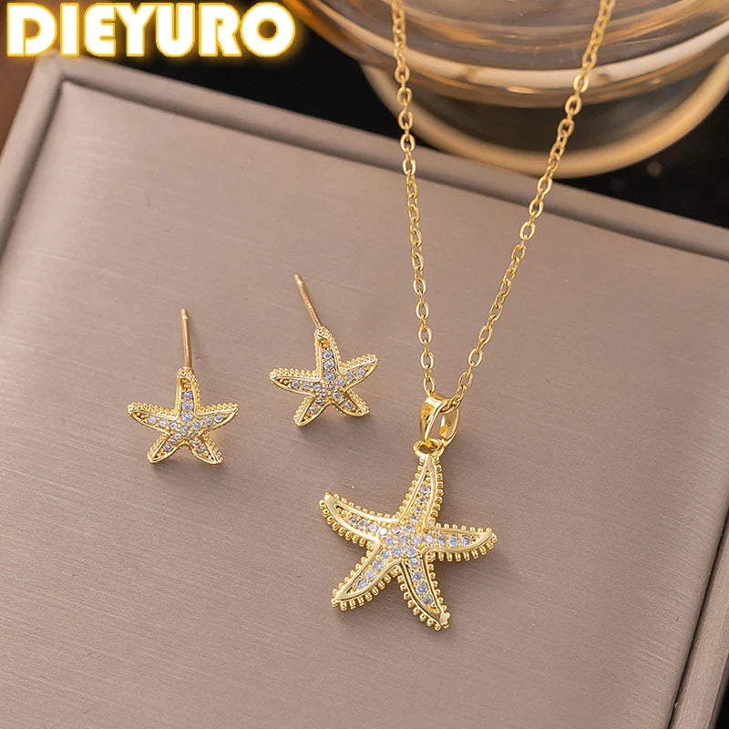Stainless Steel Golden Inlaid Zircon Starfish Ocean Style 2pc Necklace Earrings Set Lady Fashion Waterproof Jewelry