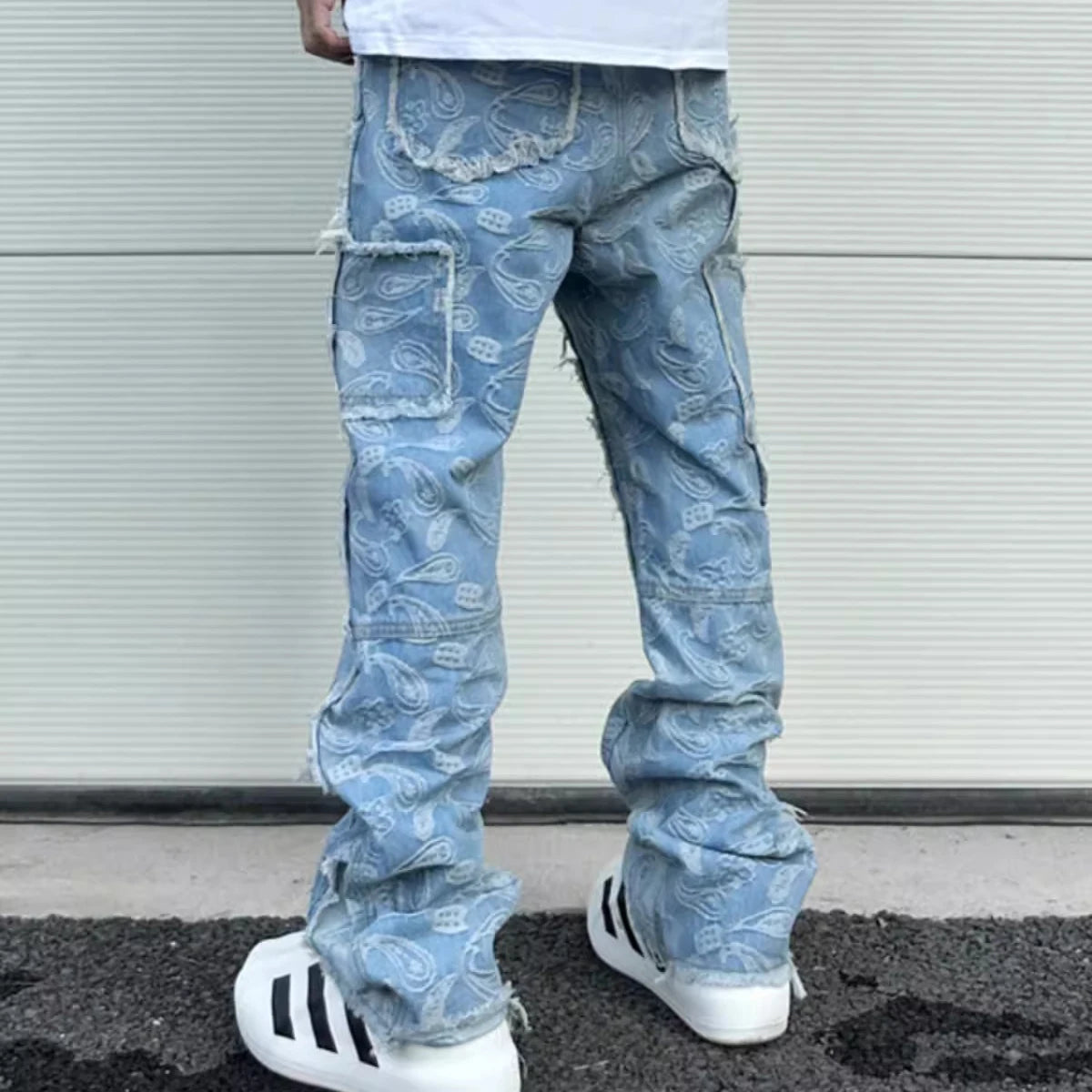 Y2k Frayed Urban Cashew Flower Full Print Patchwork Baggy Flare Jeans for Men Straight