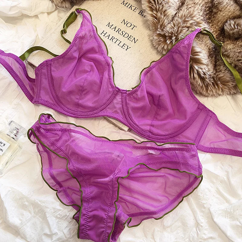 French Ultra Thin Bralette for Women Underwear Top Deep V Push Up Bra Set