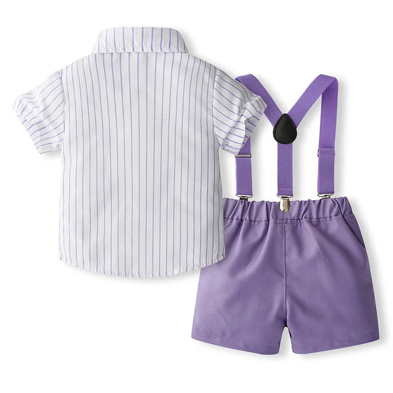 1-5Y Baby Boys Gentleman Outfit Stripe Print Short Sleeve Shirts +Bow Tie + Suspender Shorts Sets Kids Summer Clothes