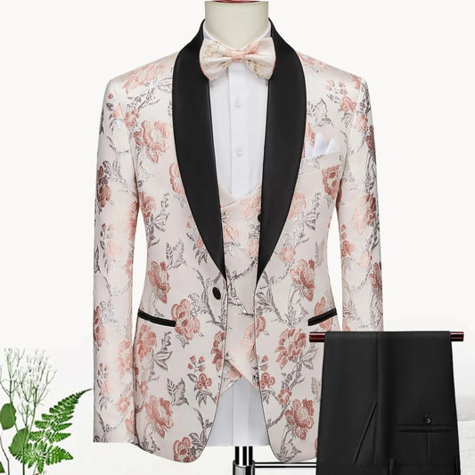 Tuxedo for Mens: Pink Silver Floral Men Suits Tuxedo Jacquard Male 3 Pieces