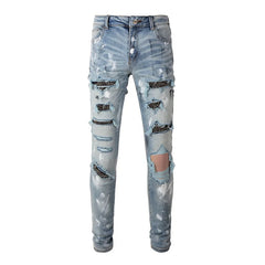 Men Crystal Skinny Stretch Denim Jeans Streetwear Holes Ripped Distressed Pants