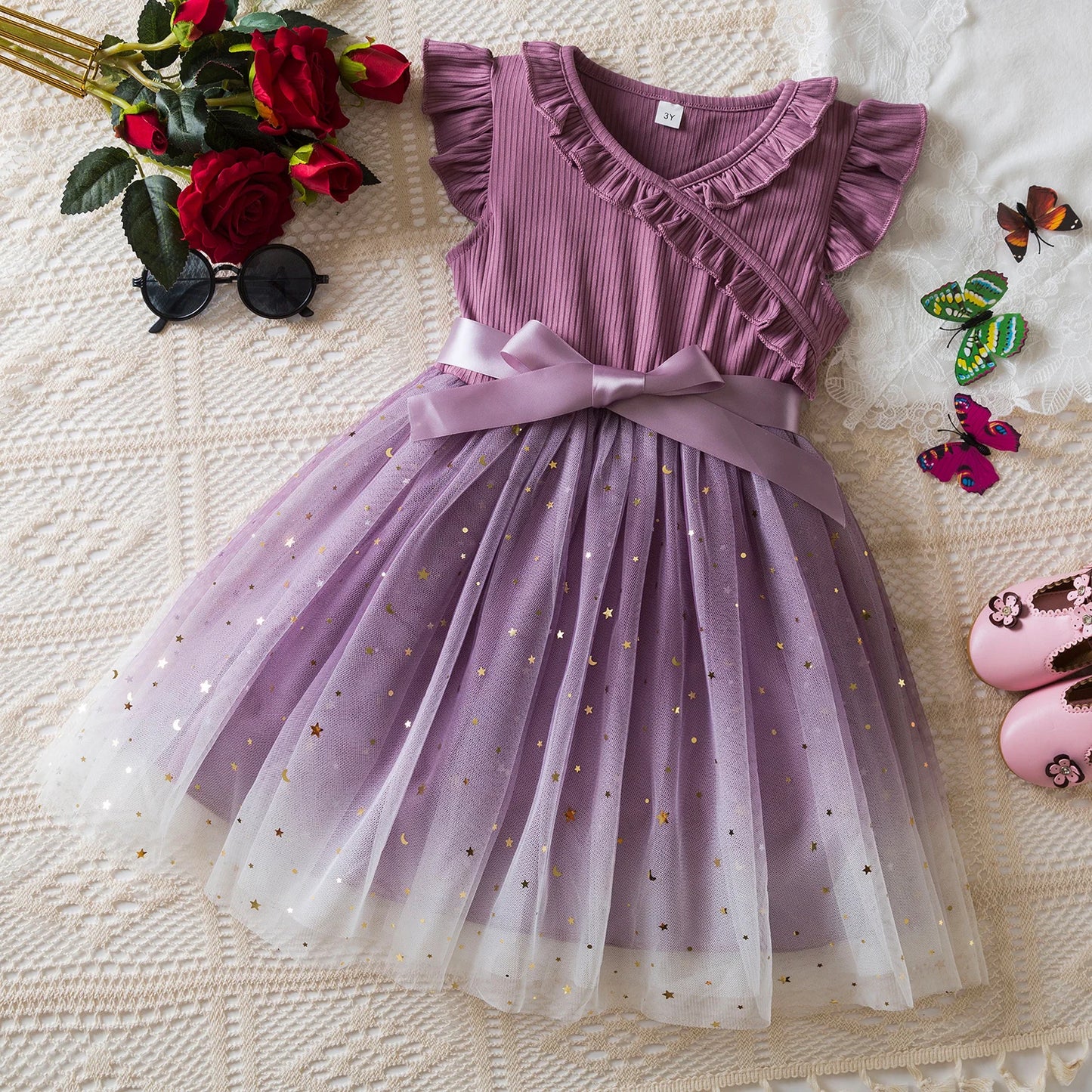 Dress for Kids Girls 3-8 Years Ruffles Sleeves Elegant Princess Dresses