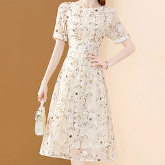 EVNISI Chic Floral Printing Women Chiffon Dress O-Neck Elegant Apricot Office