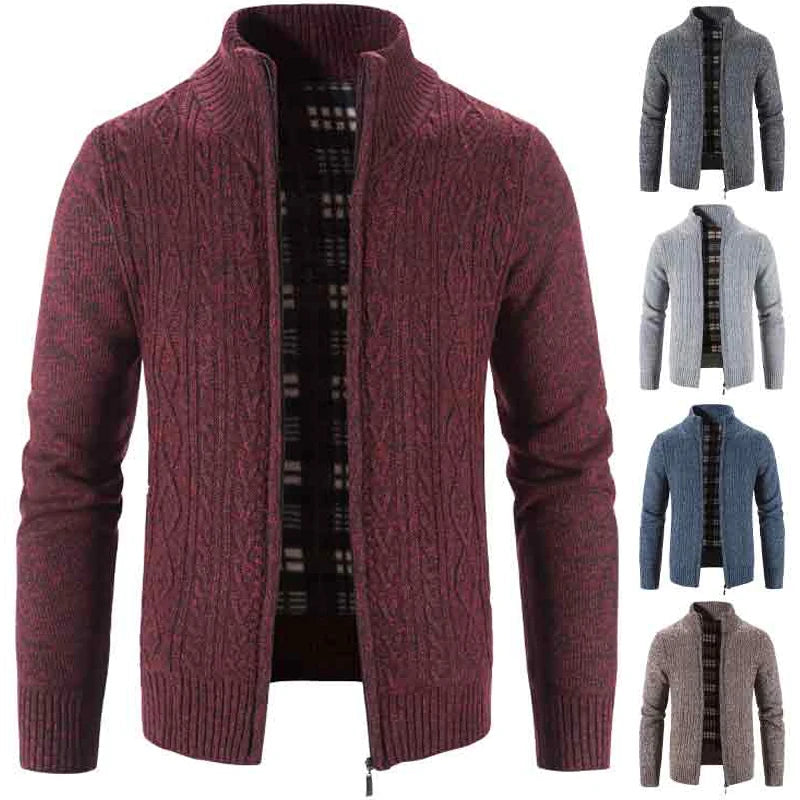 Winter Autumn New Sweater Knit Cable Cardigan Men Business Casual Jacket Zipper Up Solid Color Turn-down Coat Fleece Clothes
