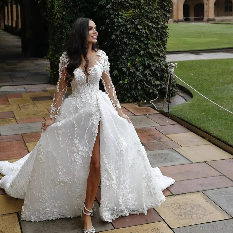 White Bridesmaid Dresses: Chiffon Princess Ball Gown O-neck Full Sleeve Elegant