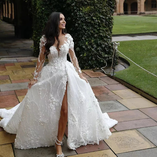 White Bridesmaid Dresses: Chiffon Princess Ball Gown O-neck Full Sleeve Elegant
