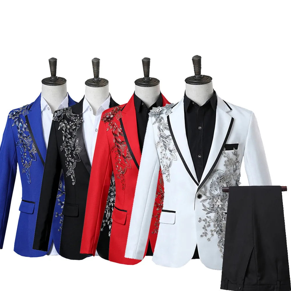 Beach Wedding Outfit Men: Elegant Appliqued Two-piece Men's Suit for Wedding Banquet