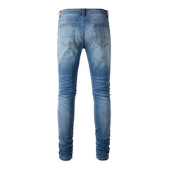 Men Biker Jeans Classic Blue Pleated Patch Patchwork Ripped Pants Streetwear