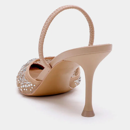 TRAF 2024 Women High Heeled Sandals Summer Fashion Mesh Rhinestone Slingback Woman Pumps Elegant Woman Sandals Party Lady Shoes