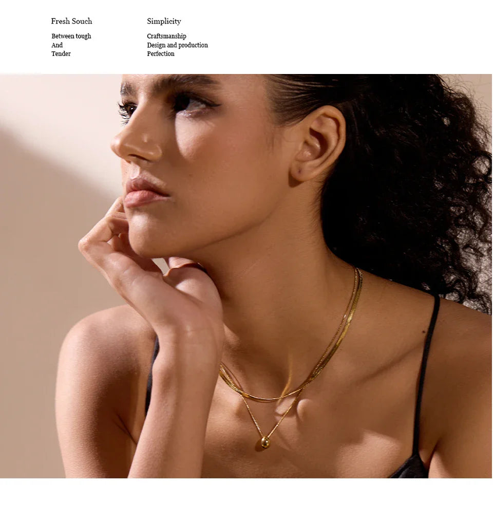 Yhpup Snake Chain Double Layer Stainless Steel Water Drop Pendant Necklace for Women Statement 18k Gold Color Jewelry Waterproof
