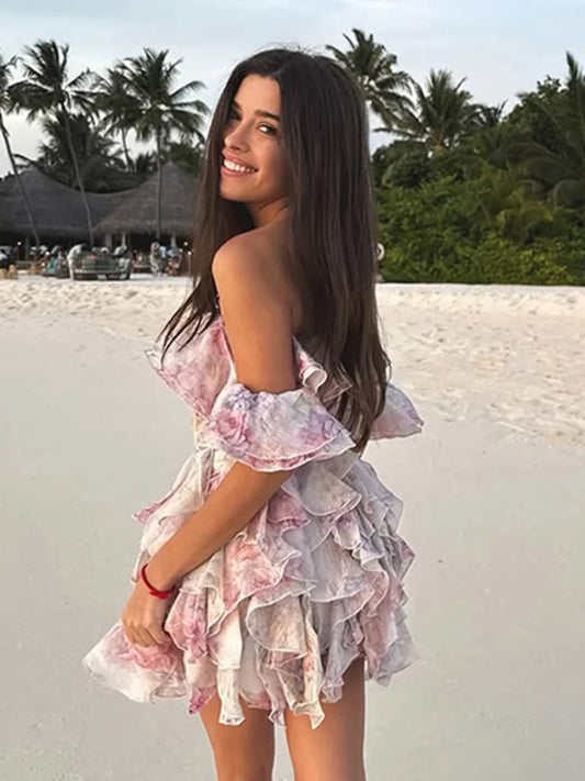 Fashion Flower Printed Ruffles Mini Dress For Women Chic Chiffon Bodycon High Waist Vestidos 2025 Lady Vacation Street Gowns New