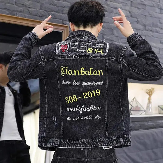 Male Jean Coats Slim Fit with Print Men's Denim Jacket Punk Lxury Clothing Large Size