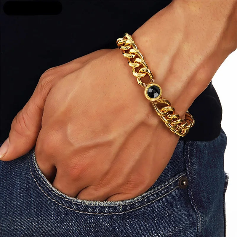 Custom Bracelet with Picture Inside Titanium Steel Cuban Link Chain Bracelet with Personalized Photo Projection for Men Women