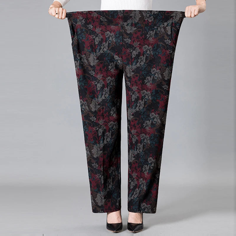 Middle-aged Women Trousers Print Elastic High Waist Casual Pants