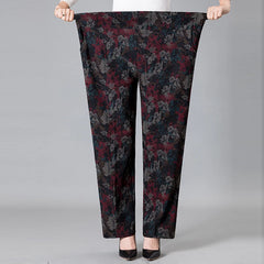 Middle-aged Women Trousers Print Elastic High Waist Casual Pants