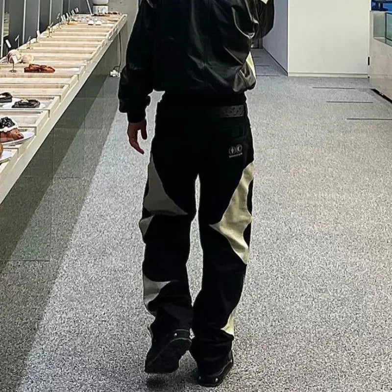 Y2k Men Black Baggy Jeans Spliced Leather High Street Loose Straight Casual Trousers