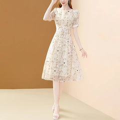 EVNISI Chic Floral Printing Women Chiffon Dress O-Neck Elegant Apricot Office