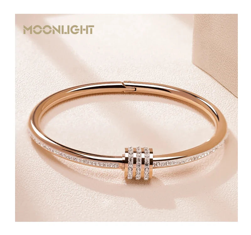 MOONLIGHT Classic Stainless Steel Zircon Bangle For Women Circular Screw Bracelet Female Jewelry Gifts Fashion Accessories