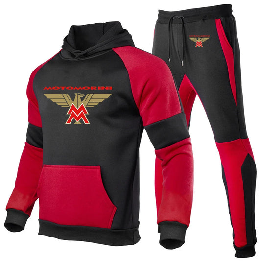 2024 Spring Autumn Men's Moto Morini Logo Print Sports Splicing Cotton Hooded Tracksuit+Jogging Sweatpants Trend Comfortable Set
