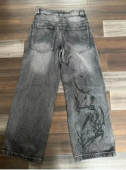 Y2K Jeans Women Washed Gray Straight Pants Street Gothic Loose