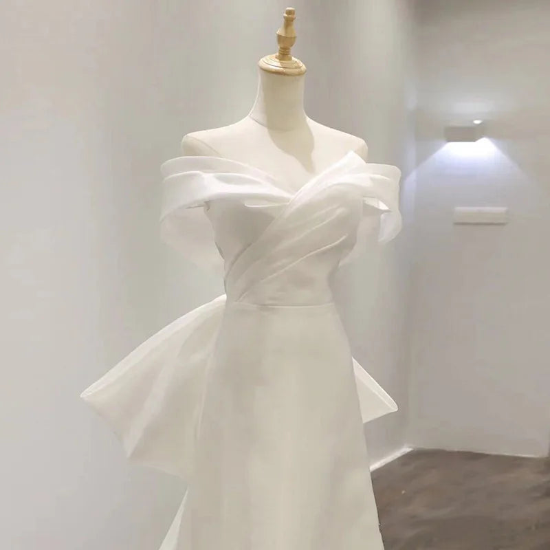 White Bridesmaid Dresses: Off The Shoulder Wedding Dress Big Bow Banquet Dresses