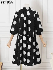 Elegant Midi Dress Women Bohemian Dot Point Printed Dress Casual Sleeve Stand Collar