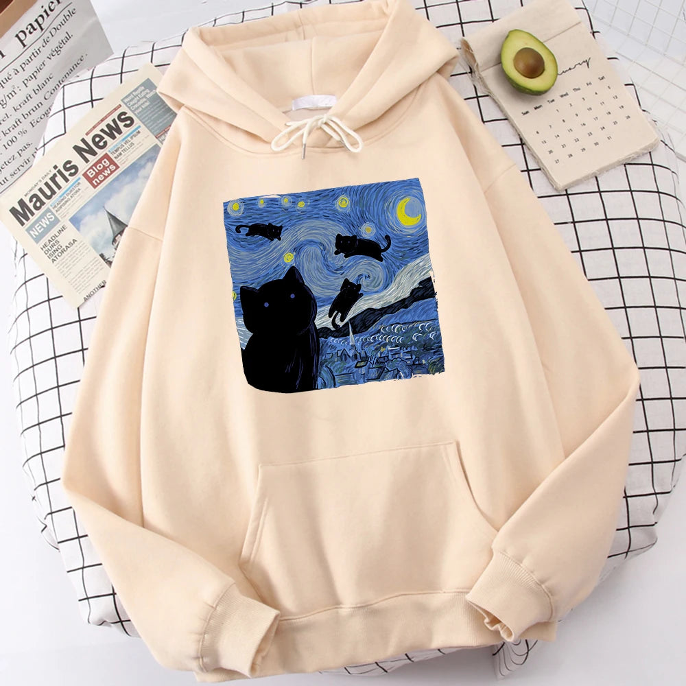 The Starry Cat Night Printing Hoodies Men Autumn Oversize Hoodie Fashion Fleece