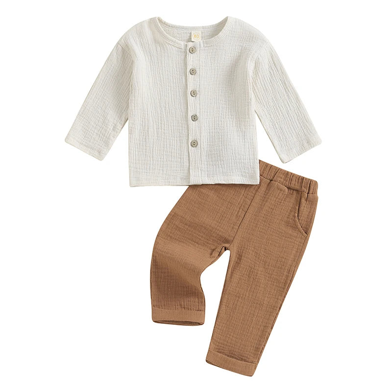 VISgogo 2pcs Kids Baby Boys Outfit Button Down Long Sleeve T-shirt with Solid Color Long Pants Linen Spring Fall Outfit
