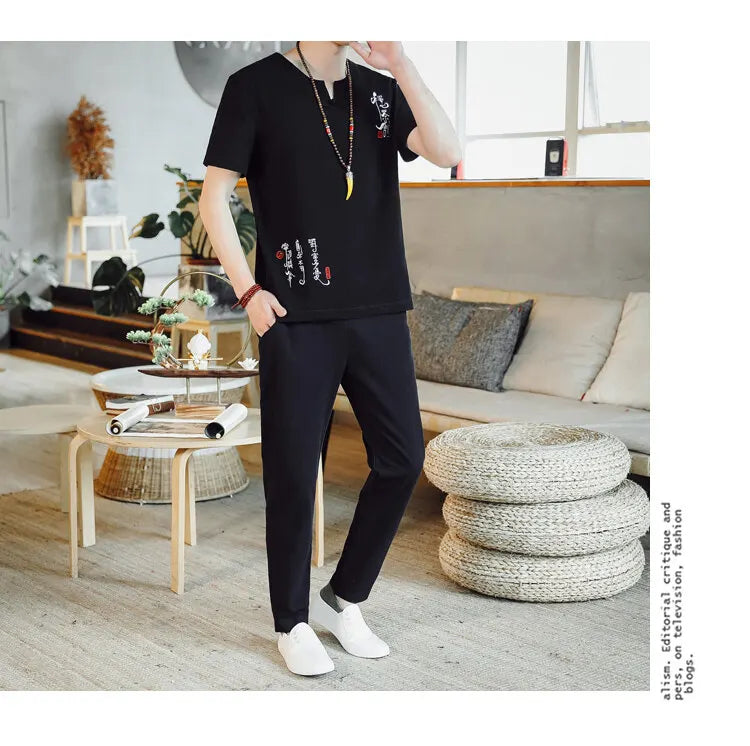 (Shirt + trousers) 2025 summer Chinese Style men shirt Cotton and linen shirts men's High quality casual shirts Two Piece M-5XL