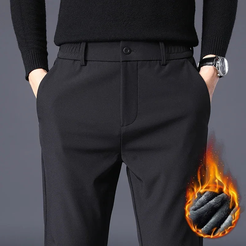 Autumn Winter Pants Men Thicken Fleece Lined Warm Elastic Waist Outdoor Sweatpants