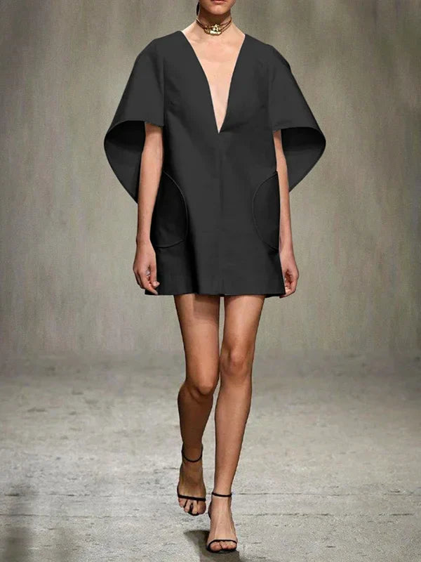 Yeezzi Fashion Black White Color Short Dress For Women 2025 New Spring Deep V-neck Half Sleeves Loose Prom Party Mini Dresses