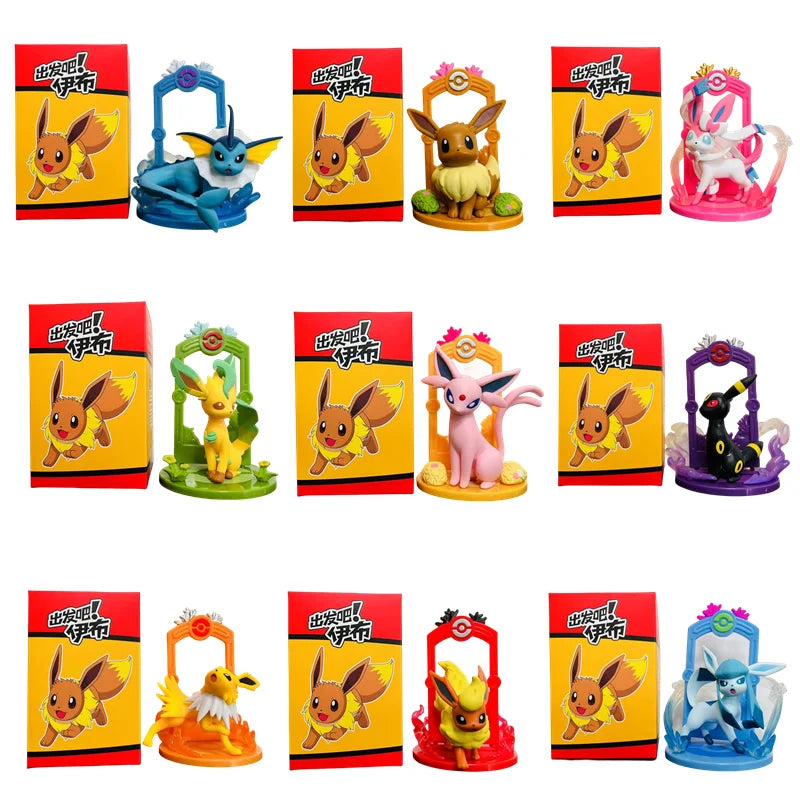 9pcs Pokemon Eevee Evolution Figure Set, Eevee Sylveon Espeon Glaceon Leafeon Anime Model Toys Collection for Kids Gift