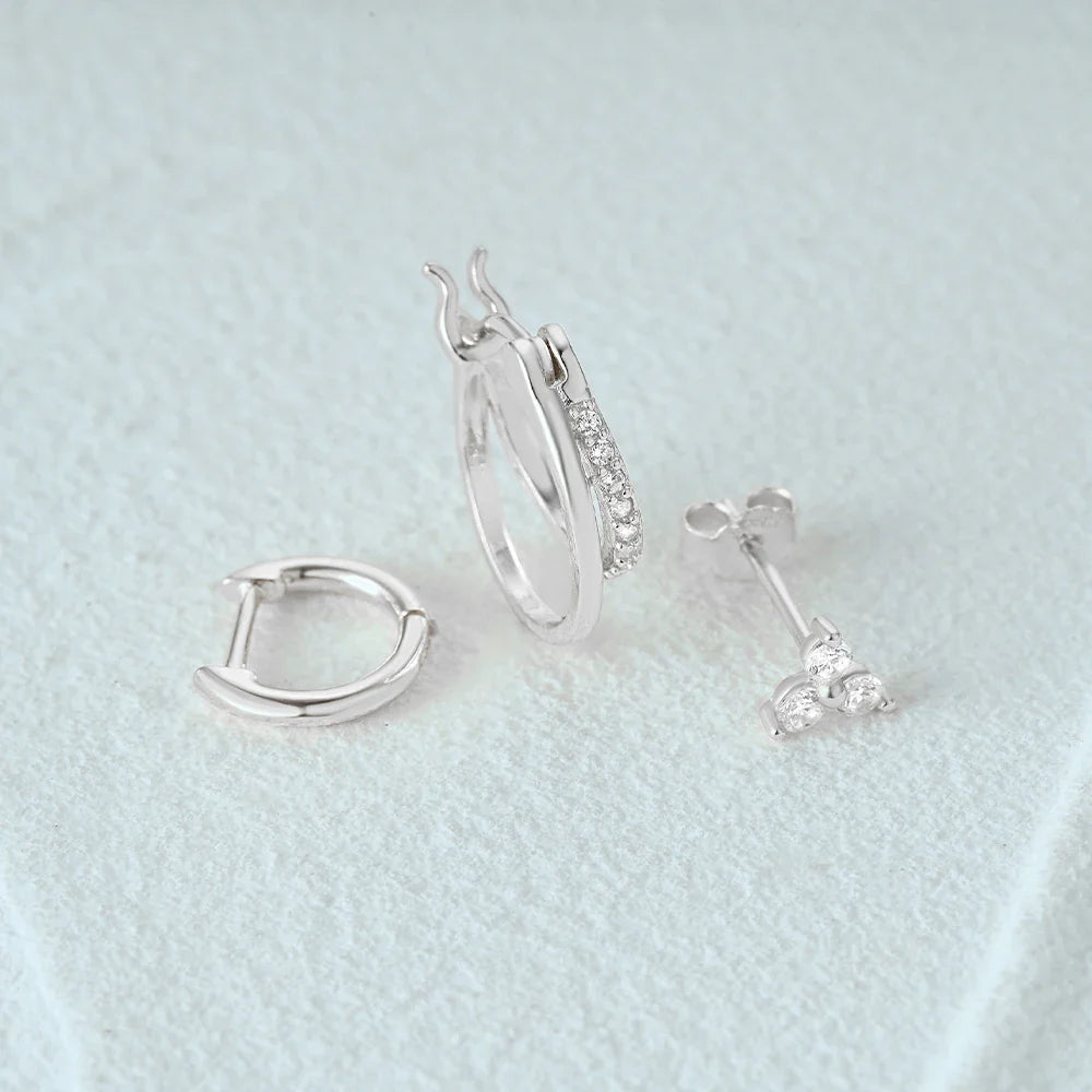 Aide 3pcs Set 925 Sterling Silver Double Gold Hoop Mini Zircon Stud Earrings For Women Hypoallergic Elegant INS Piercing Jewelry