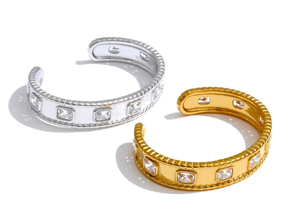 Yhpup 62mm High Quality Stainless Steel Square Zirconia Cuff Bracelet Bangle Trending Texture Premium Jewelry Recommend