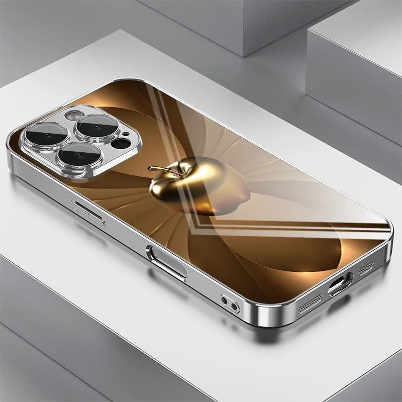 Metal Technology For Apple Pattern Tempered Glass Electroplated Case For iPhone 17 16 Pro Max 15 14 Plus 13 12 16E 17 Air Cover