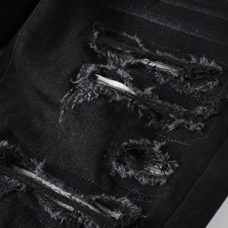 Men Pleated Patch Biker Jeans Streetwear Skinny Tapered Stretch Denim Pants Ripped