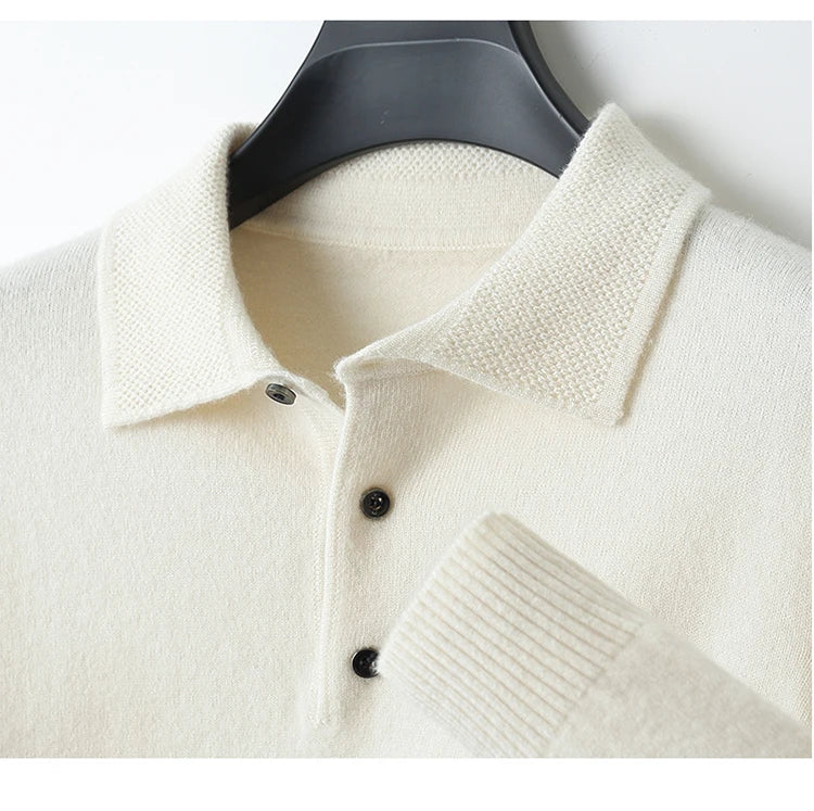 Merino Wool Hot Cardigans Men Lapel Pullover Long Sleeve POLO Neck Sweaters
