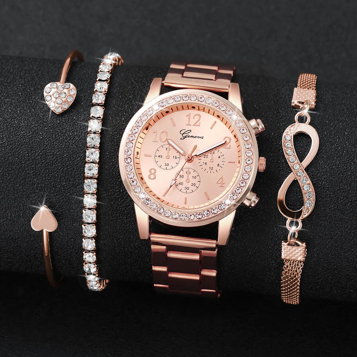4PCS Fashion Women Watch Luxury Rhinestone Steel Band Ladies Quartz Watch Bracelet Set Relogio Feminino（Without Box）