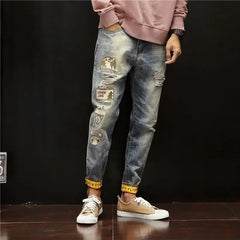 Trousers Broken Ripped Male Cowboy Pants with Holes Jeans for Men Tapered