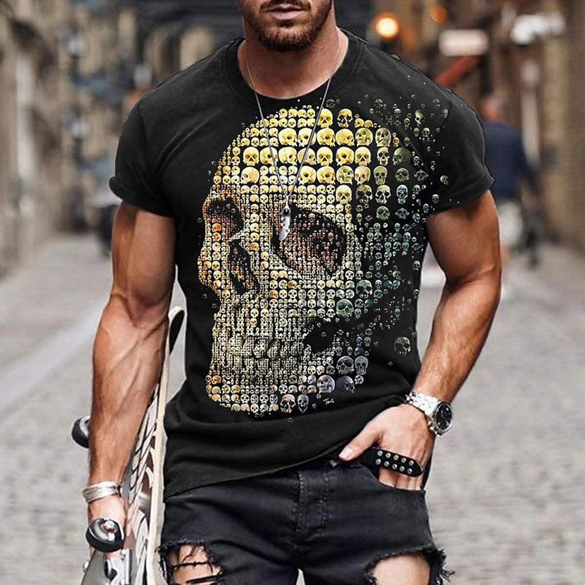 Men's Black Street Style T-shirt 3D Gothic Skull Printed Round Neck Short Sleeve Halloween Fashion Casual Top