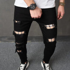 Men Streetwear Ripped Patch Slim Jeans Trousers Stylish Male Holes