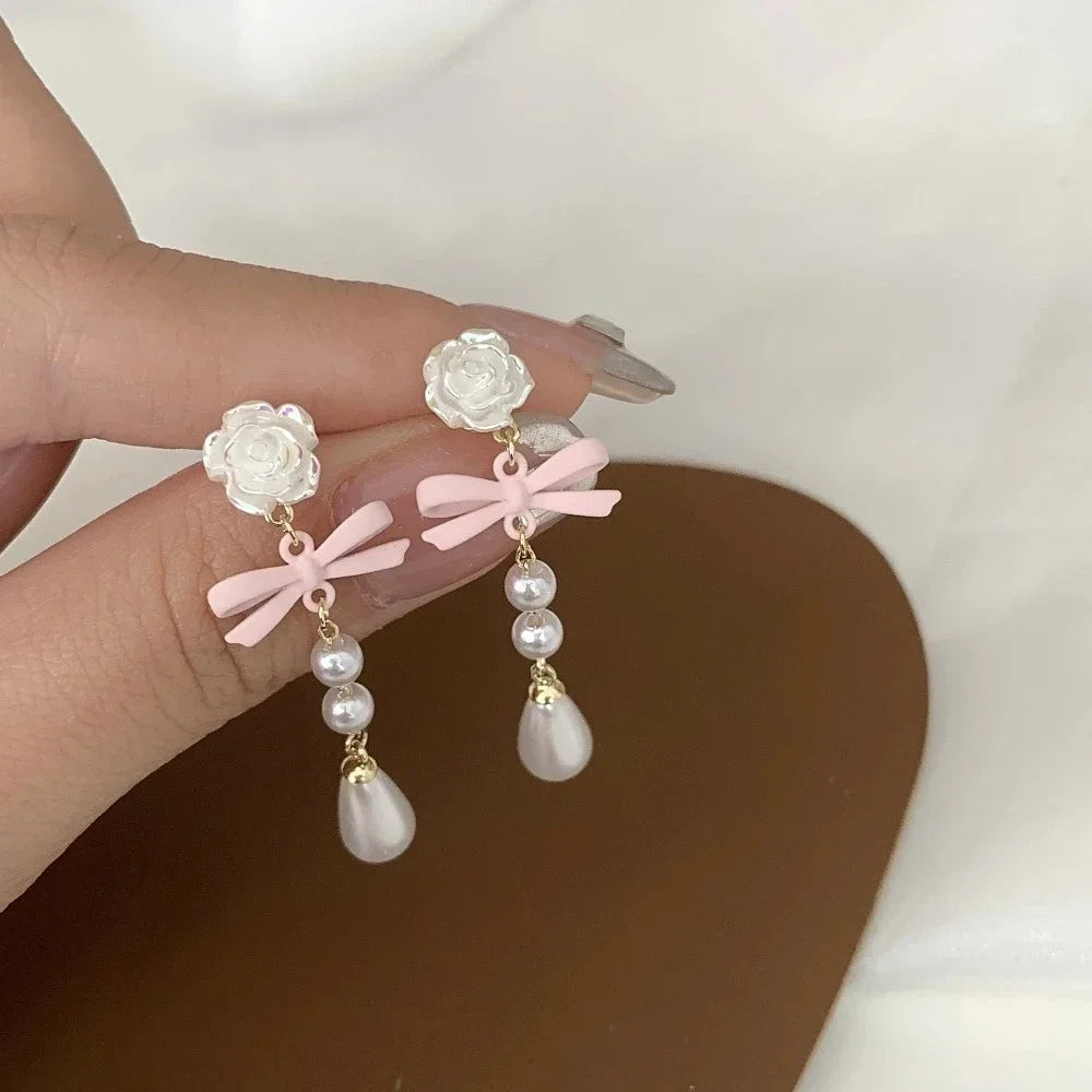 Temperament Stainless Steel Ribbon Long Tassel Bowknot Drop Dangle Earrings for Women Charm Party Jewelry Korean Fashion Gift
