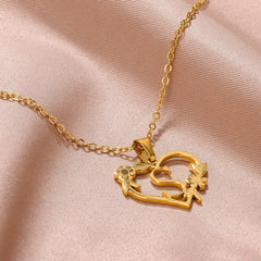 Gold Color Dainty Flower Initials Necklace Women Girl Stainless Steel Heart Letter