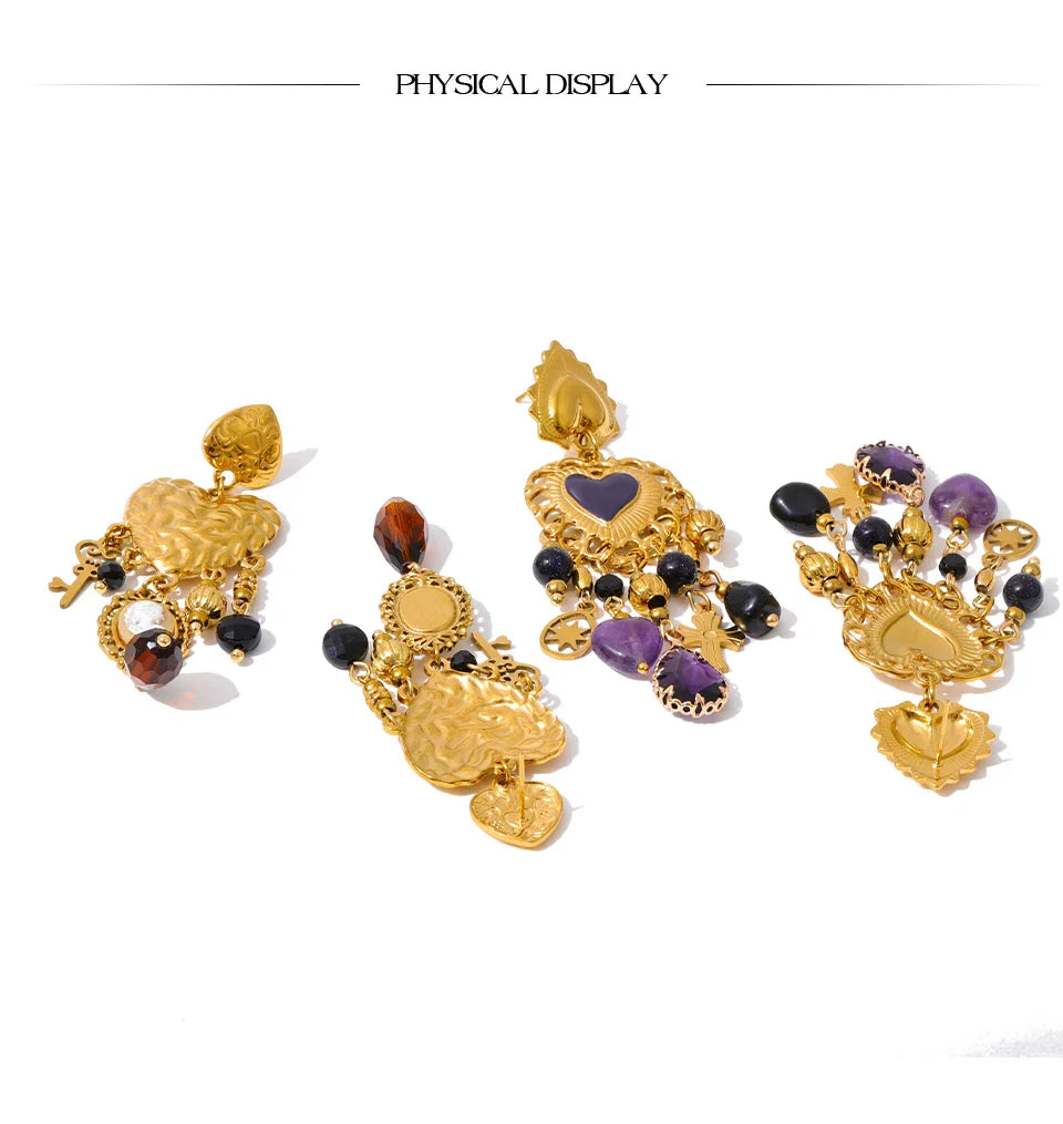 Yhpup Vintage Stainless Steel Heart Cross Key Charm Pendant Drop Earrings Golden Plated Crystal Resin Stone Waterproof Jewelry
