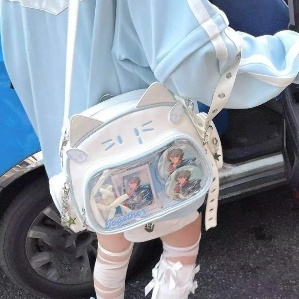 Y2K Korean Kawaii Cat Lolita Bag Cute PU Shoulder Bag Girls Transparent Pocket Harajuku Crossbody Bag Women's Fashion Backpacks