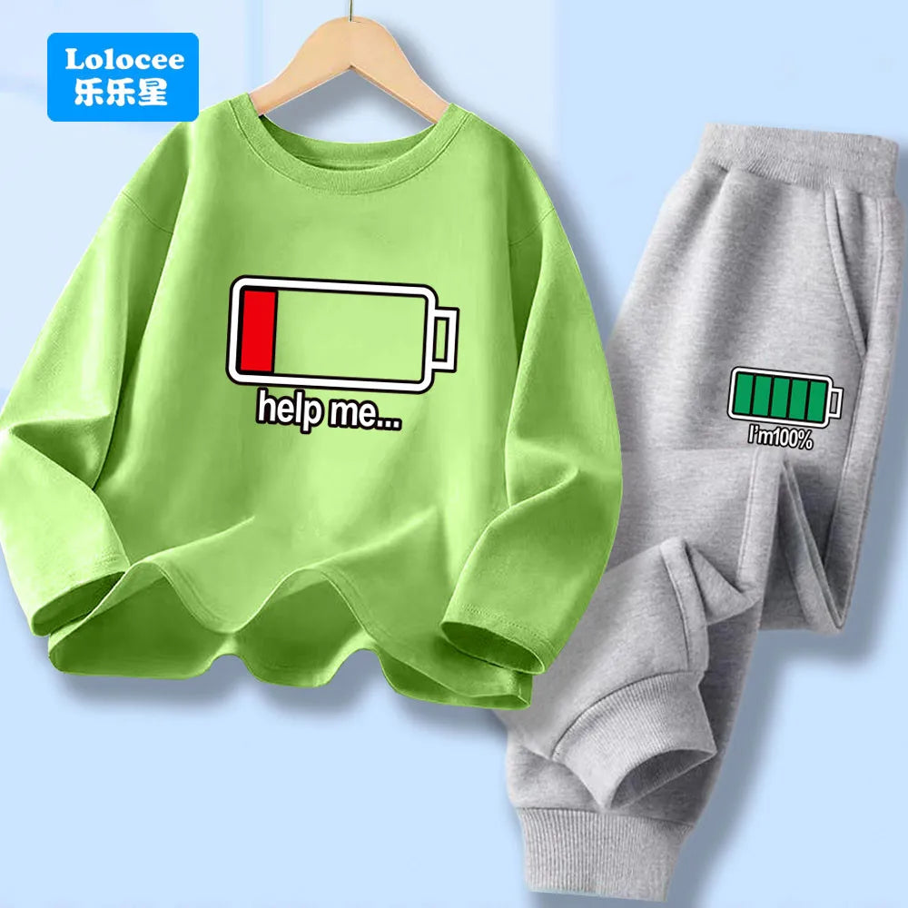 Autumn Kid Boy Long Sleeve 2pcs Clothes Set Children Funny Battery Letter Printed T-shirt Pullover Top And Pants Tracksuits DCW1