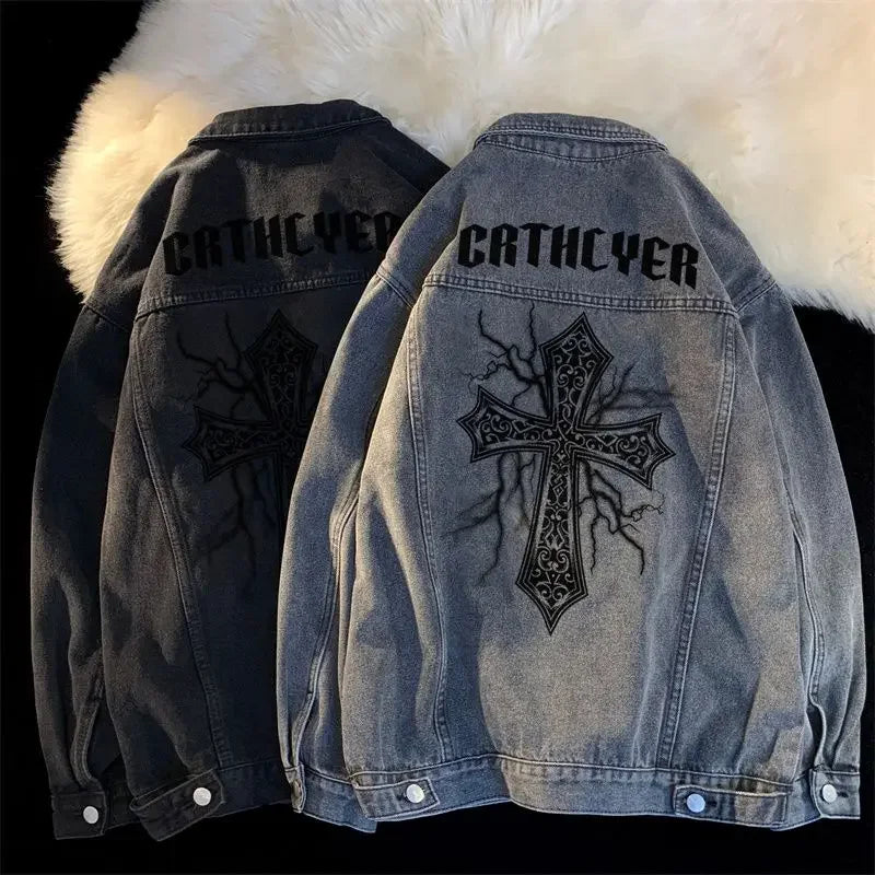 Cross Letter Printed Denim Jacket Man Woman American High Street Spring Lapel  Coats