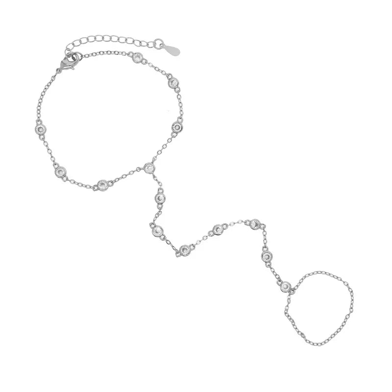 2023 Summer Jewelry Pendant Link Chain Ring Bracelet for Women White Green Blue Stone CZ Gold Plated Adjust Bracelet Accessories