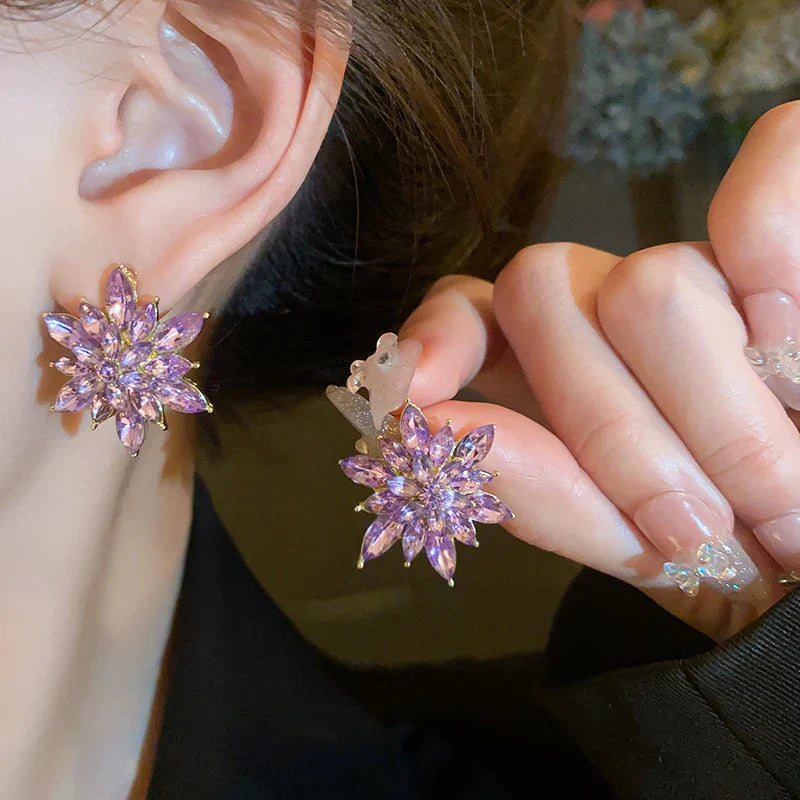 Rhinestone Flower Earrings for Women Korea Simple Sweet Stud Earrings Luxury High-grade Solid Color Charm Jewelry Girls Gift